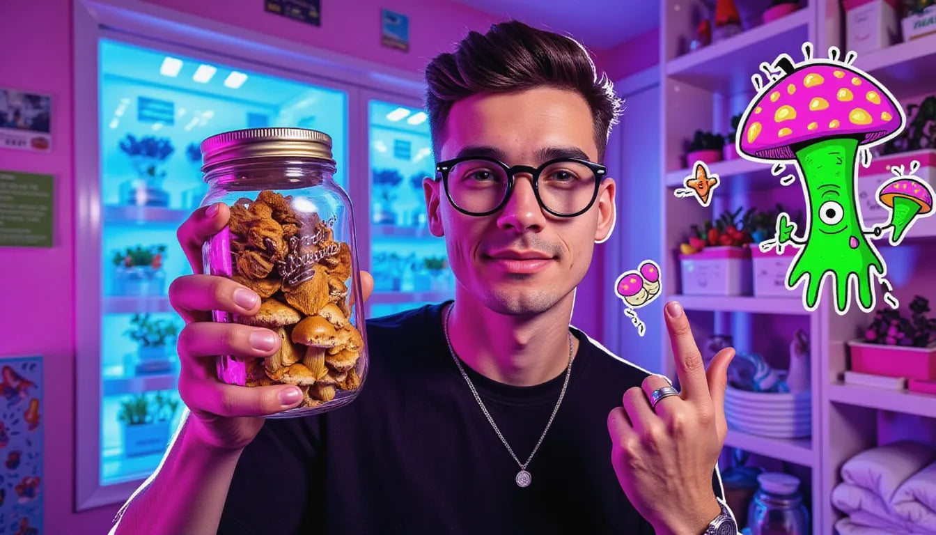 Young person showcasing antioxidant mushroom supplements in cyberpunk-style bedroom cultivation setup with neon lighting