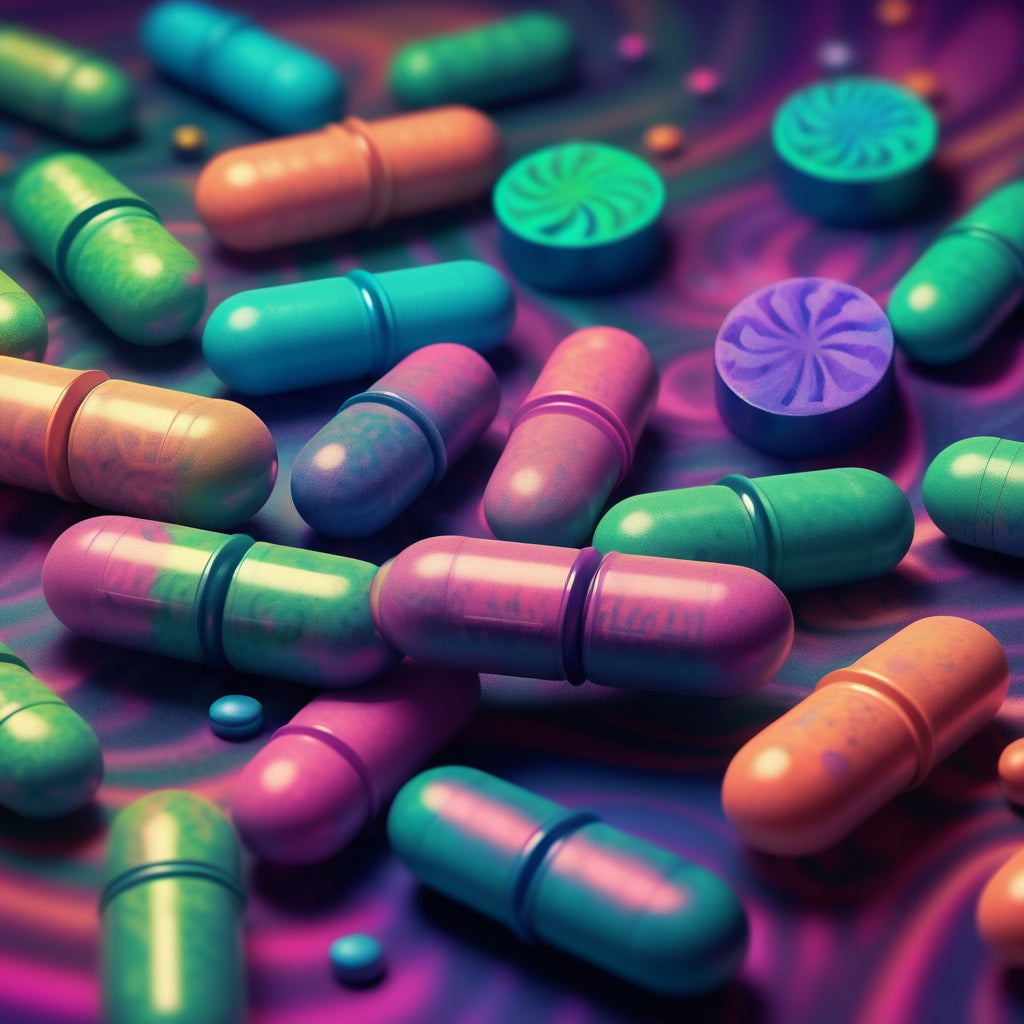 Several pills drawn in a manner like it was a trippy psychedelic, with a psychedelic hazy background.