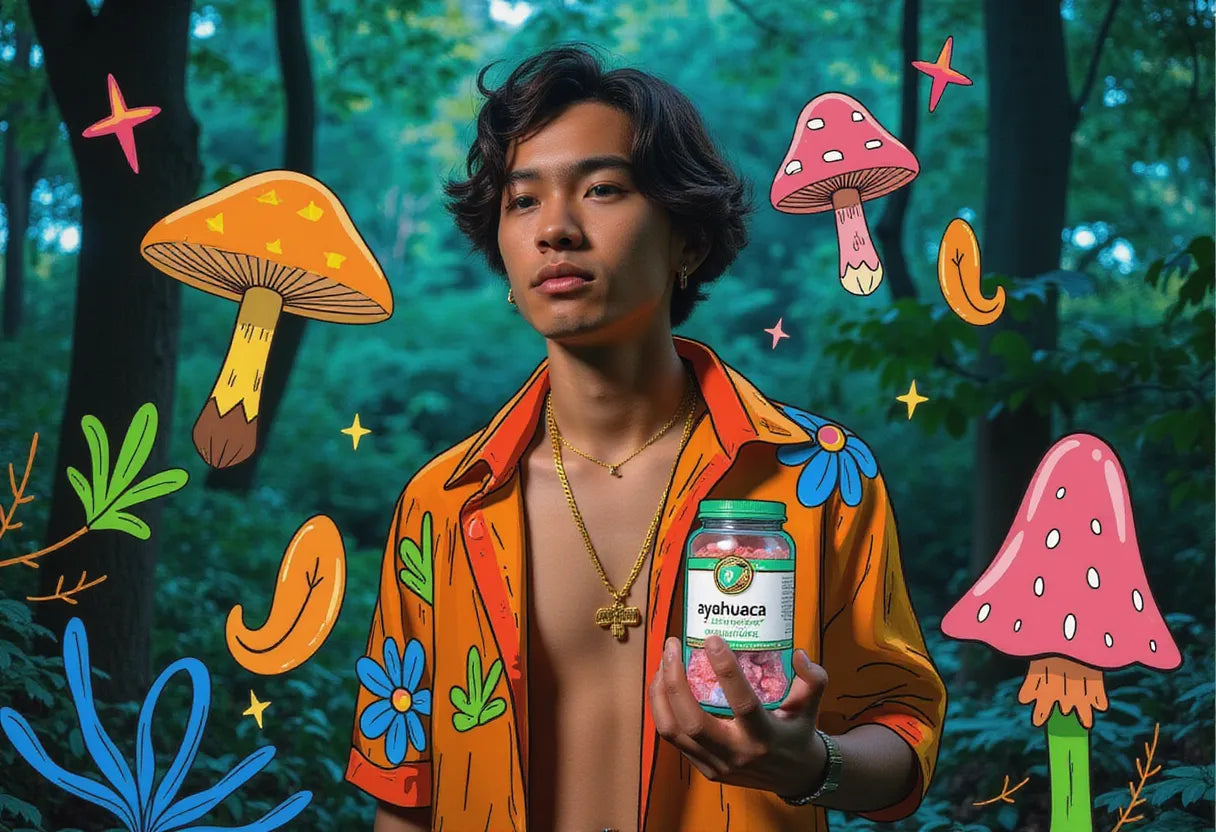 a contemplative young adult in vibrant festival attire holding a glowing jar of ayahuasca gummies in a lush jungle setting