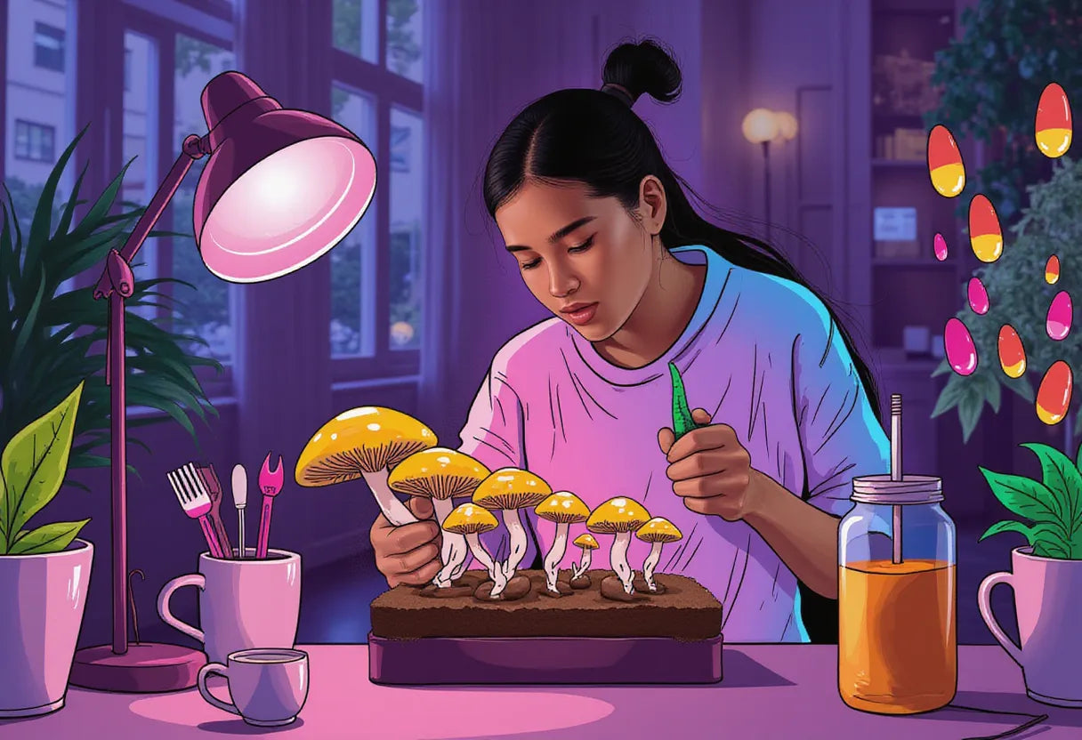 an enthusiastic adult in a modern indoor grow room, carefully tending to delicate enoki mushrooms sprouting from a substrate bag, surrounded by grow kits and tools under soft LED lighting