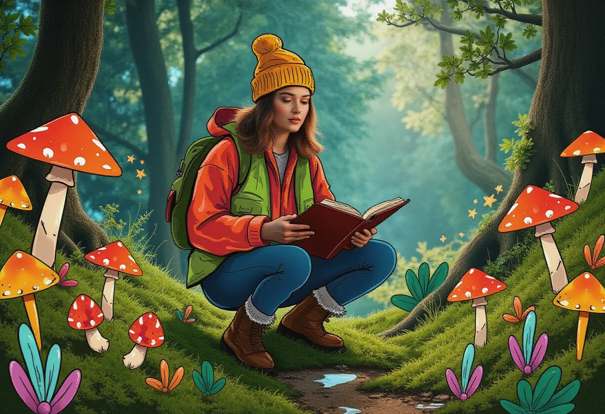an adventurous forager examining wild mushrooms with a guidebook in a serene woodland
