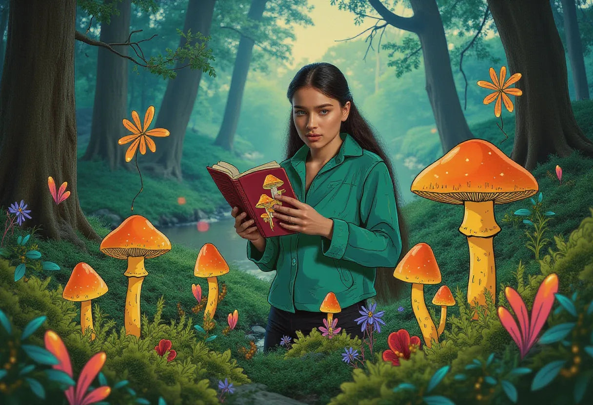 a curious forager in a lush forest, holding a vibrant Chanterelle mushroom with a field guide in hand, set against a misty woodland backdrop at dawn