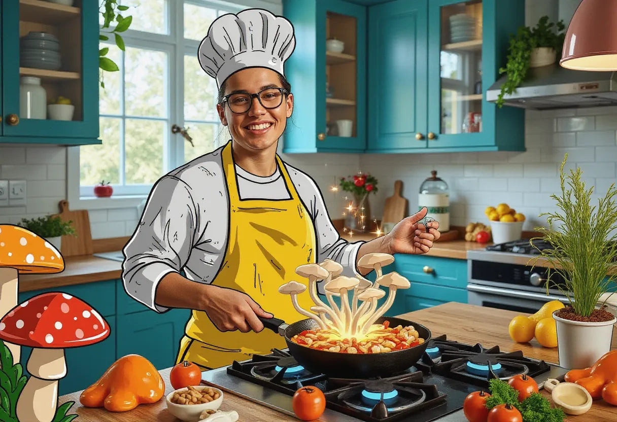 an enthusiastic home cook in a modern kitchen, sautéing frozen mushrooms in a sizzling pan with a confident smile