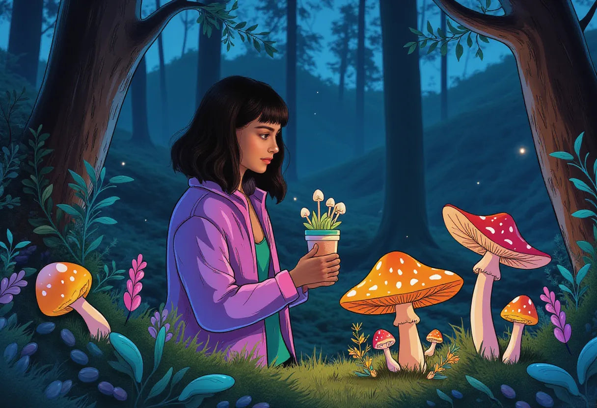 a serene young adult holding a mushroom grow kit in a lush forest setting at twilight