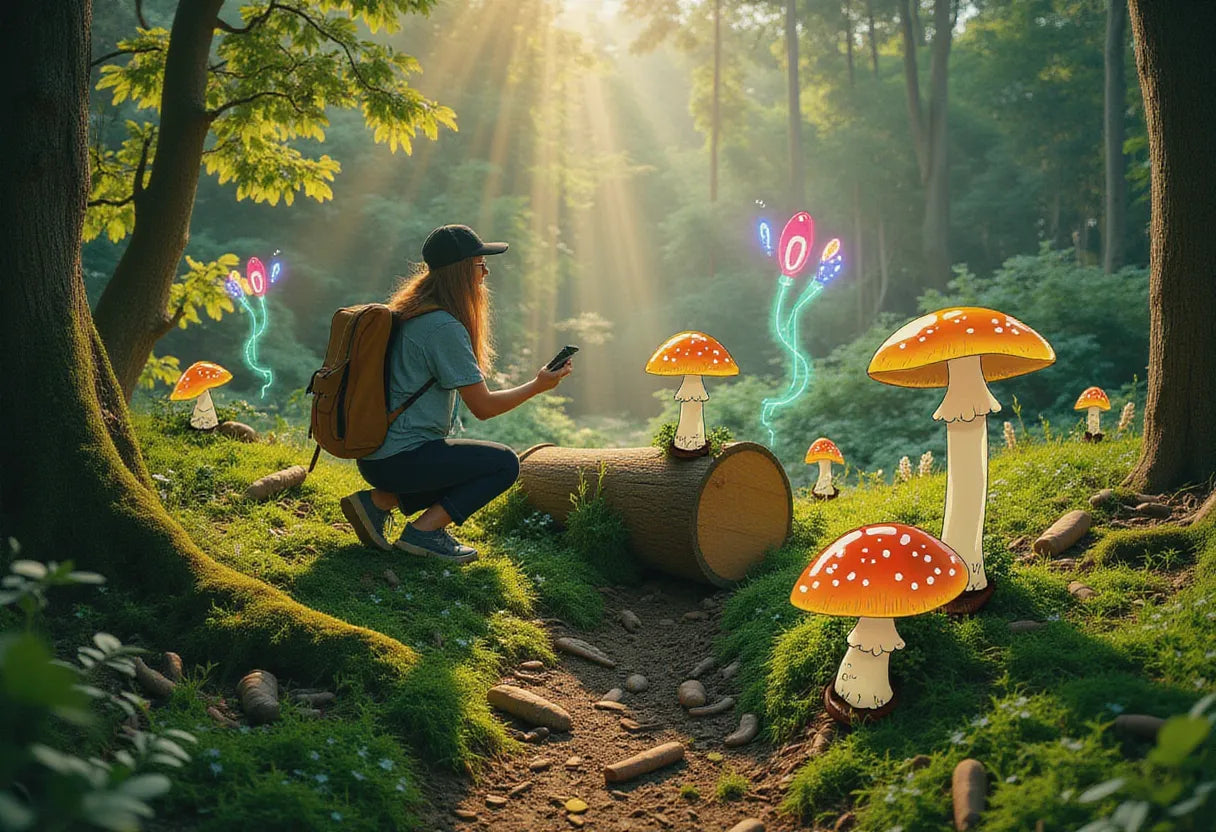 n intrigued adult in a lush forest clearing, examining a vibrant turkey tail mushroom on a fallen log, with a backpack and a notebook nearby, bathed in soft morning light