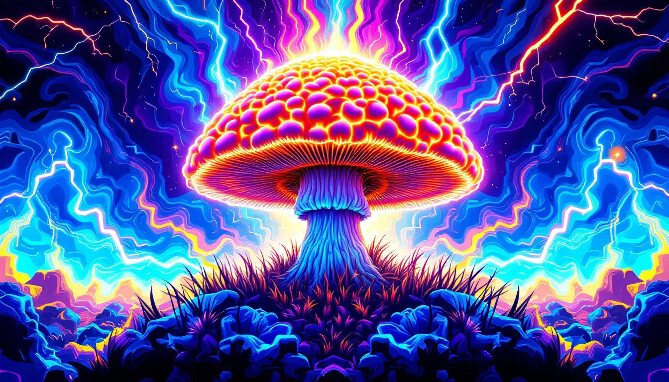 A vibrant pop art illustration of a glowing Lion’s Mane mushroom with electric colors, surrounded by a neural-inspired psychedelic background, symbolizing cognitive enhancement and memory improvement.