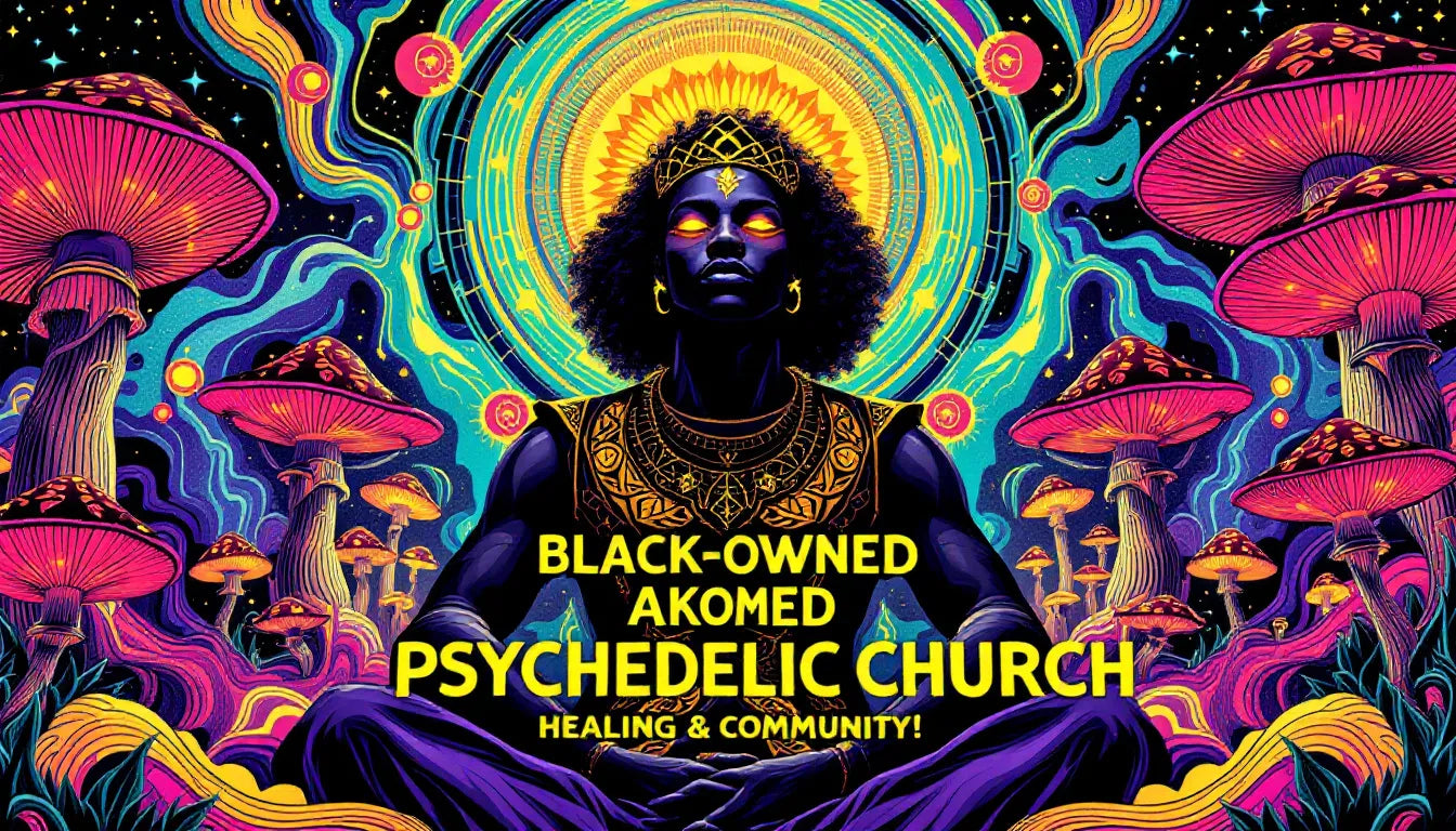 Afro-futuristic illustration of a Black meditative figure surrounded by vibrant psychedelic patterns and sacred geometric mushroom designs, symbolizing the spiritual journey at Akoma, the first Black-owned psychedelic church in Oakland.