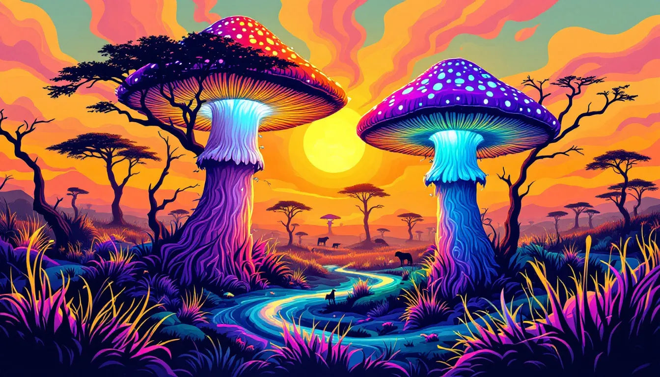 Vibrant psychedelic vector artwork of two newly discovered Psilocybe mushrooms glowing in an African savanna, symbolizing their mystical and scientific significance.