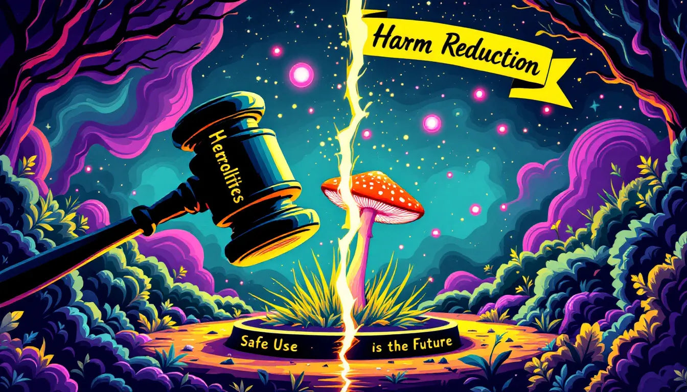 Graphic illustration depicting the debate on the death penalty for drug dealers, featuring a judge’s gavel and psychedelic imagery symbolizing drug reform.