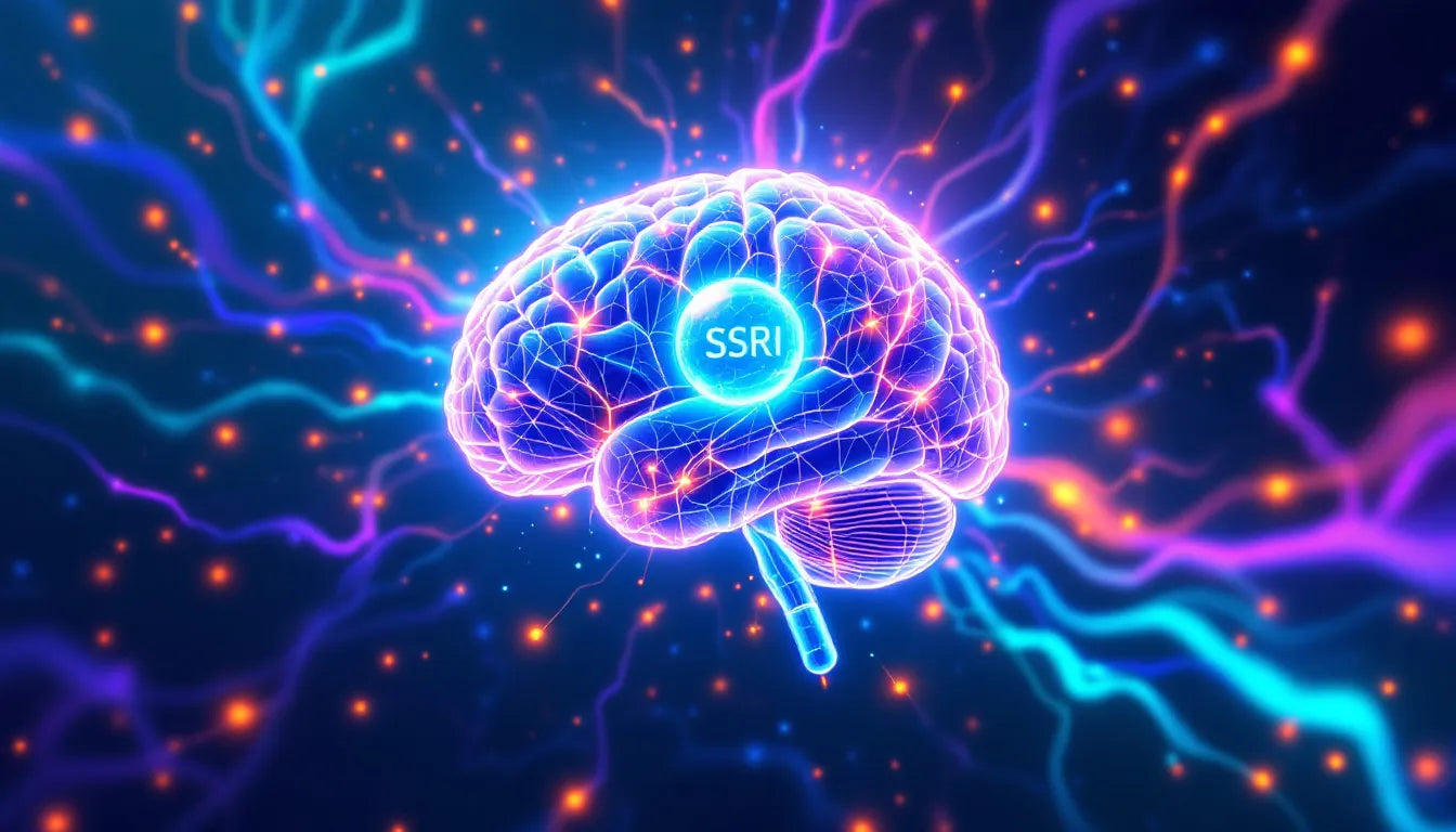 Colorful psychedelic illustration of a human brain with serotonin molecules and SSRI pill dissolving, symbolizing antidepressant effects on serotonin receptors.