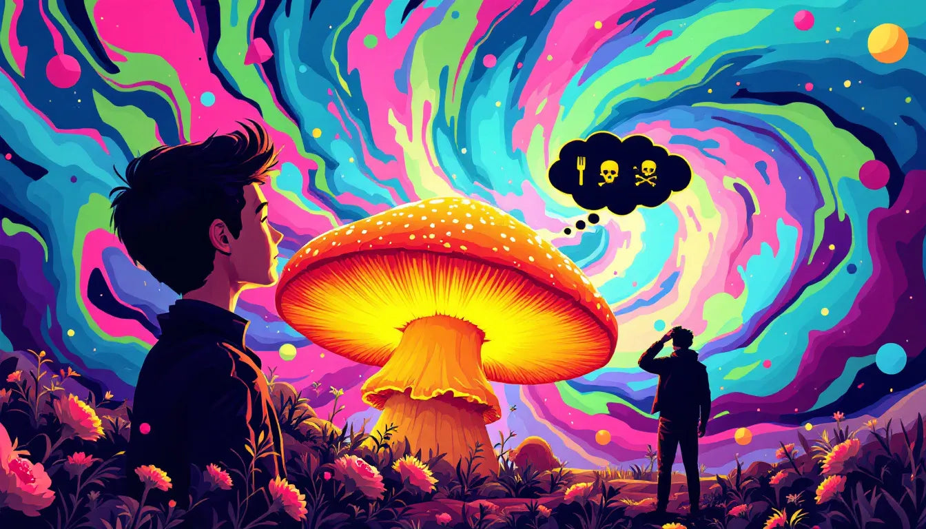 Brightly colored Chicken of the Woods mushroom with a confused silhouette figure in the background, questioning its safety, set against a psychedelic pop art background.