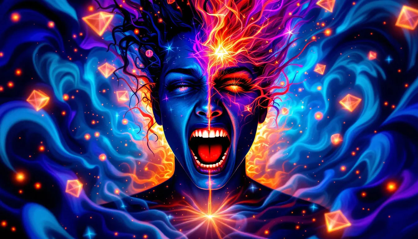 A vibrant psychedelic pop-art thumbnail showing a person experiencing both fear and enlightenment, surrounded by swirling colors and abstract patterns, representing the transformation of a 'bad trip' into a positive growth experience.