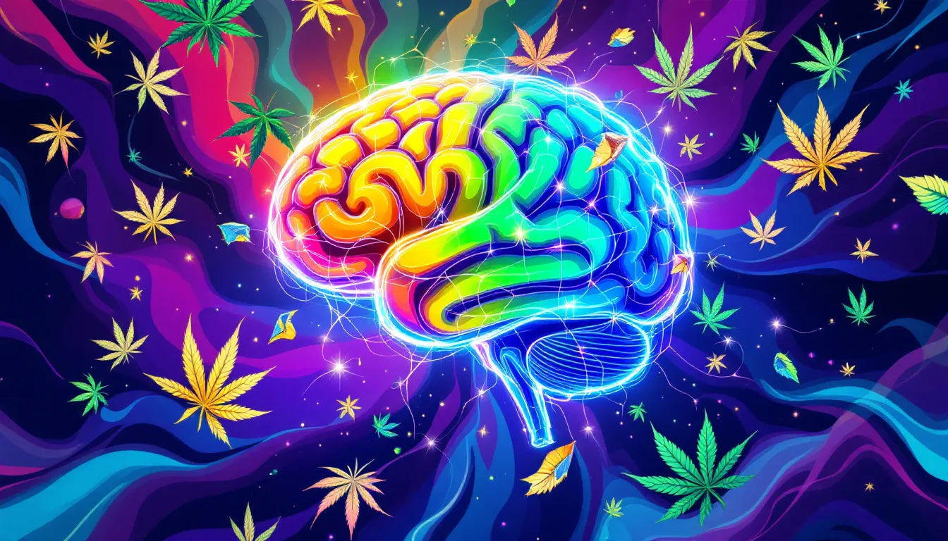 Vivid psychedelic illustration of a human brain with glowing synaptic connections, surrounded by floating cannabis leaves, depicting cannabis effects on neural connectivity.