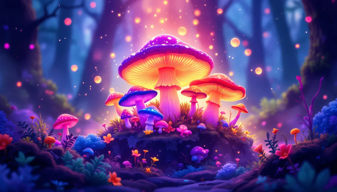 Psychedelic vector illustration of a mushroom fruiting block bursting with colorful mushrooms, symbolizing homegrown fungi cultivation.