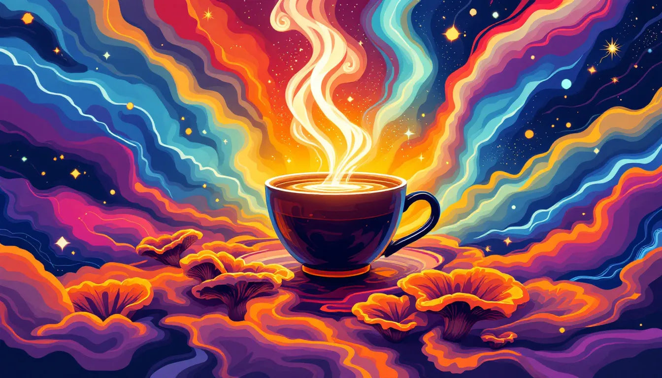 Vibrant pop art illustration of a steaming cup of Reishi mushroom coffee with psychedelic colors and swirling mushroom-shaped steam, symbolizing its health benefits and adaptogenic properties.