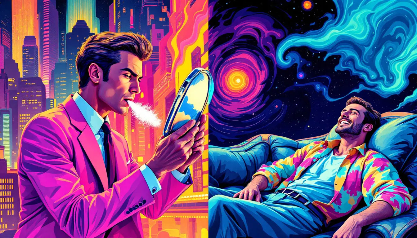 Silicon Valley executive using ketamine vs. 1980s Wall Street businessman on cocaine in a psychedelic pop art style.