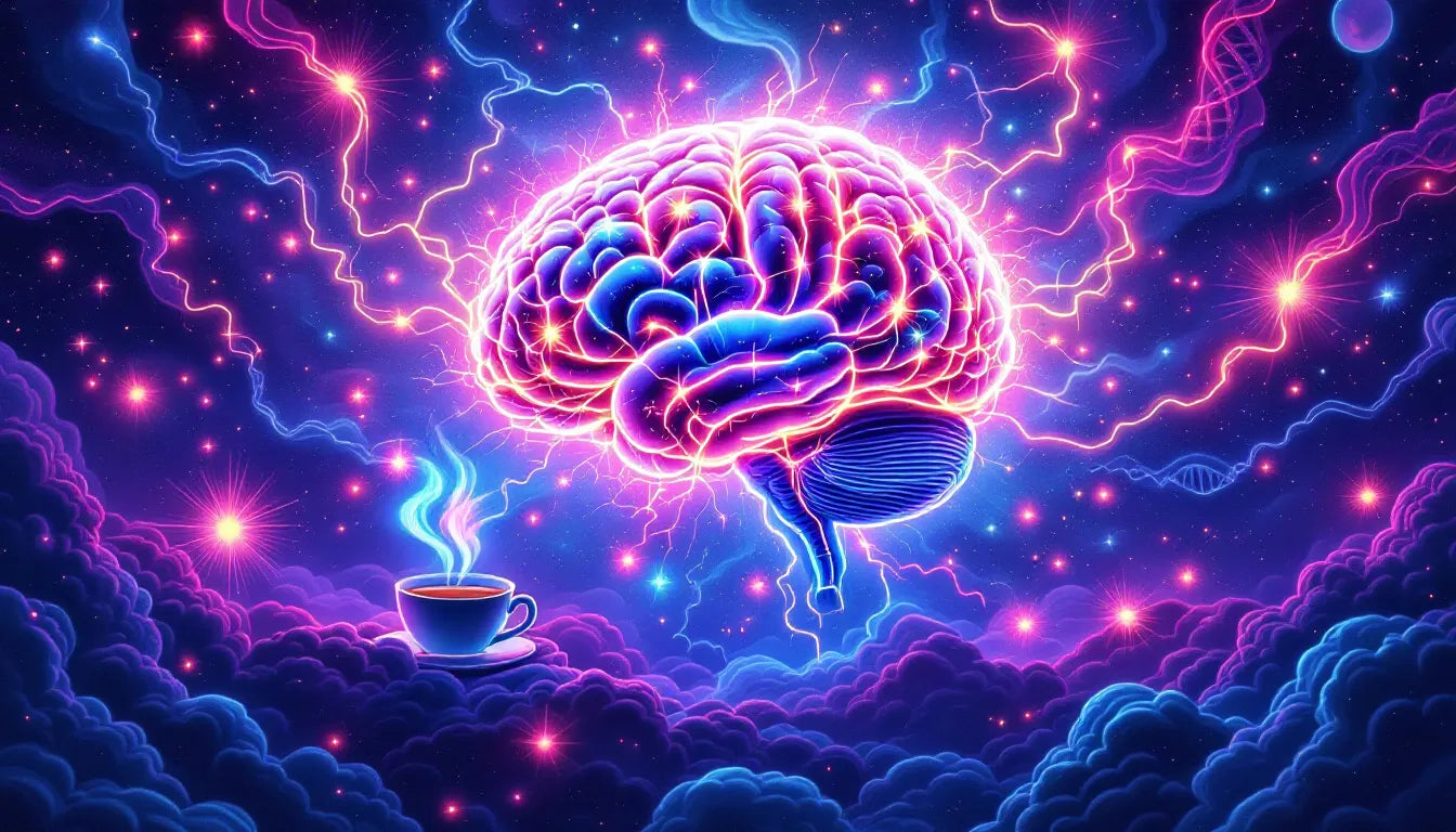 Psychedelic pop art of a glowing brain with caffeine molecules and DNA strands, illustrating caffeine's effect on genetics and cognition.