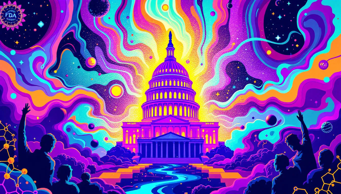 Psychedelic-inspired artwork featuring a glowing brain, U.S. Capitol silhouette, FDA approval stamp, and molecular structures symbolizing the future of psychedelic therapy and policy in the U.S.