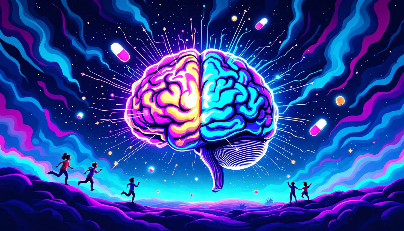 Psychedelic pop art illustration of a brain with stimulant medication effects, depicting cognitive enhancement and ADHD memory improvement.