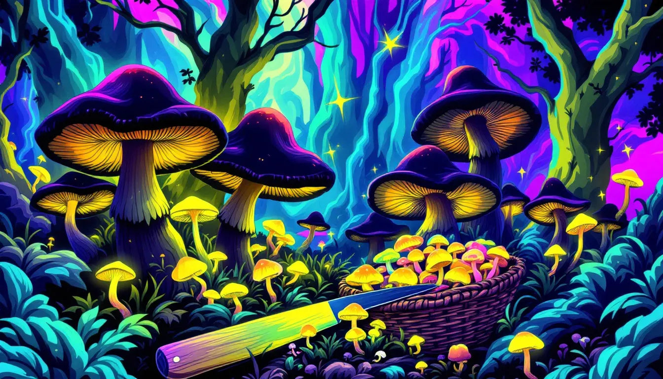 Black trumpet mushrooms in a psychedelic forest, surrounded by glowing fungi, with a basket and foraging knife in the foreground, highlighting their unique appeal and culinary uses.