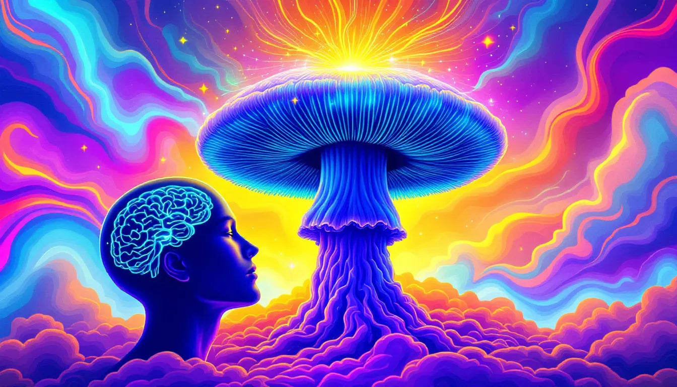 Illustration of a glowing Lion’s Mane mushroom with neural and gut health connections, symbolizing cognitive and digestive benefits.