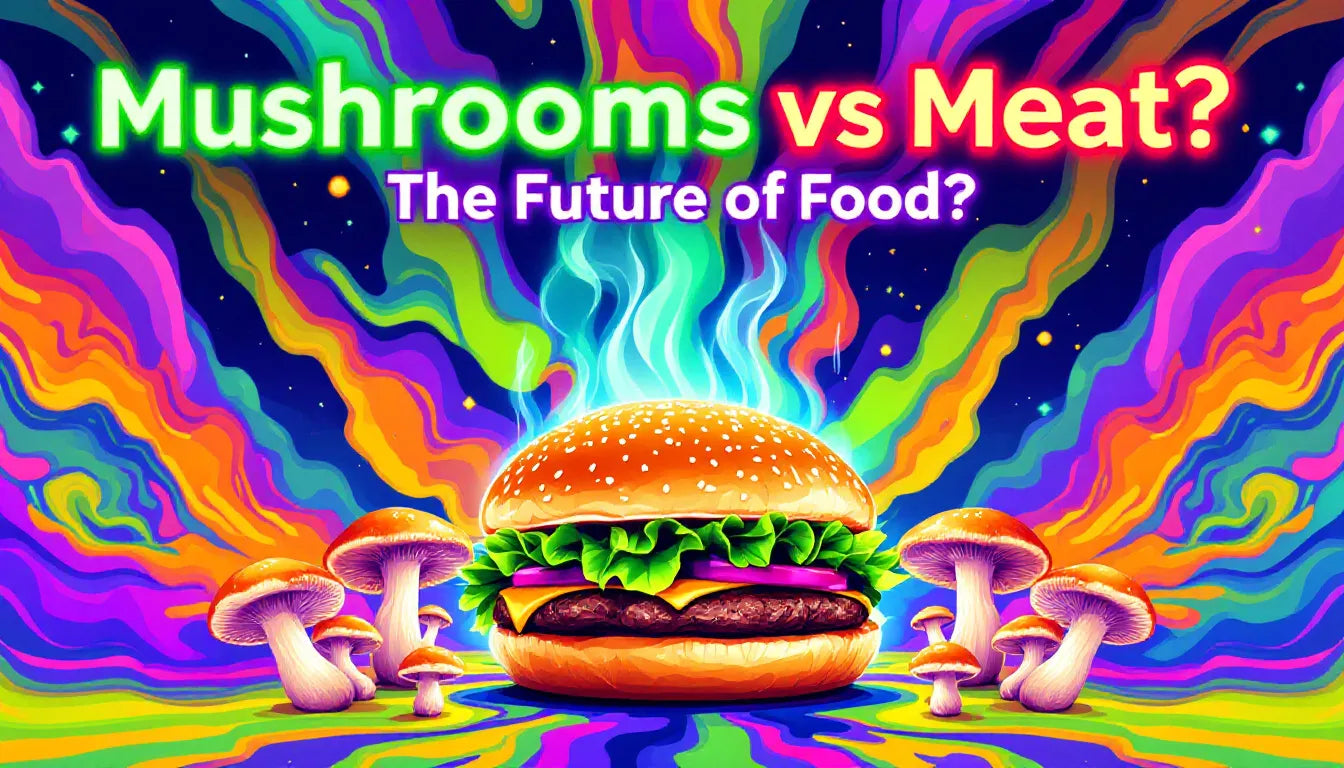 Psychedelic pop art illustration of a mushroom burger surrounded by glowing mushrooms, symbolizing sustainable meat alternatives.