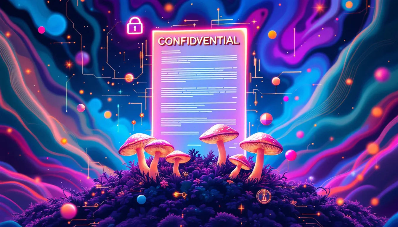 A futuristic psychedelic-themed illustration depicting patents on ibogaine and psilocybin, with glowing documents and floating mushrooms symbolizing intellectual property innovation.