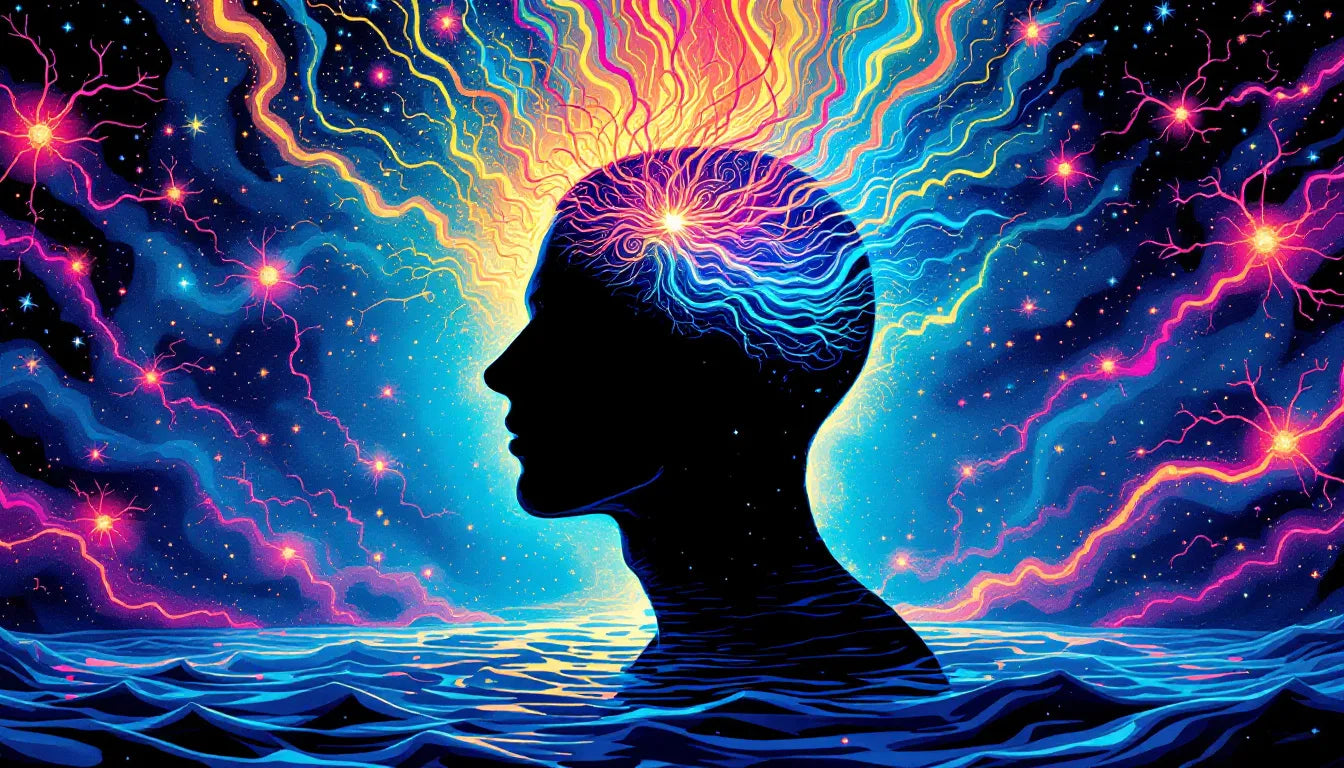 Psychedelic vector artwork of a man transitioning from alcoholism to healing through ketamine therapy, with vibrant neural patterns and colorful fractals representing mental transformation.