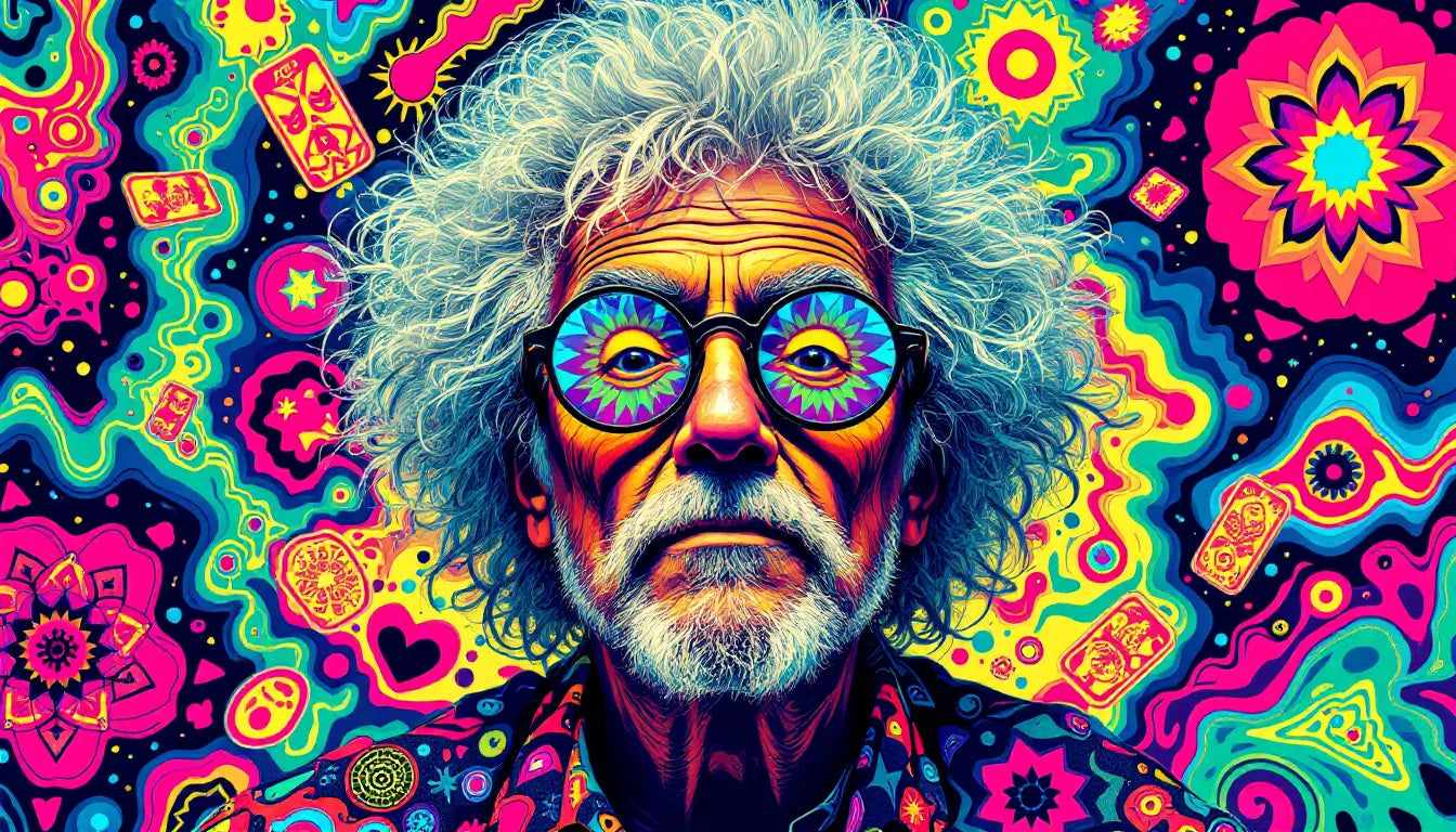 Psychedelic pop-art thumbnail featuring Mark McCloud, LSD blotter art collector, with kaleidoscope glasses and floating acid tabs.