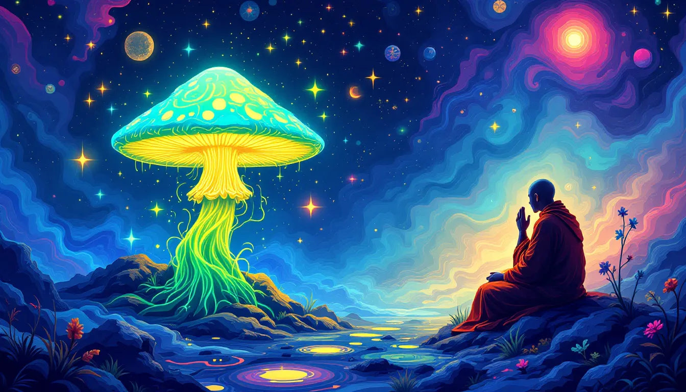 A psychedelic-themed thumbnail illustrating the clash between religion and psychedelics, featuring a glowing mushroom and a religious figure separated by a mystical portal.