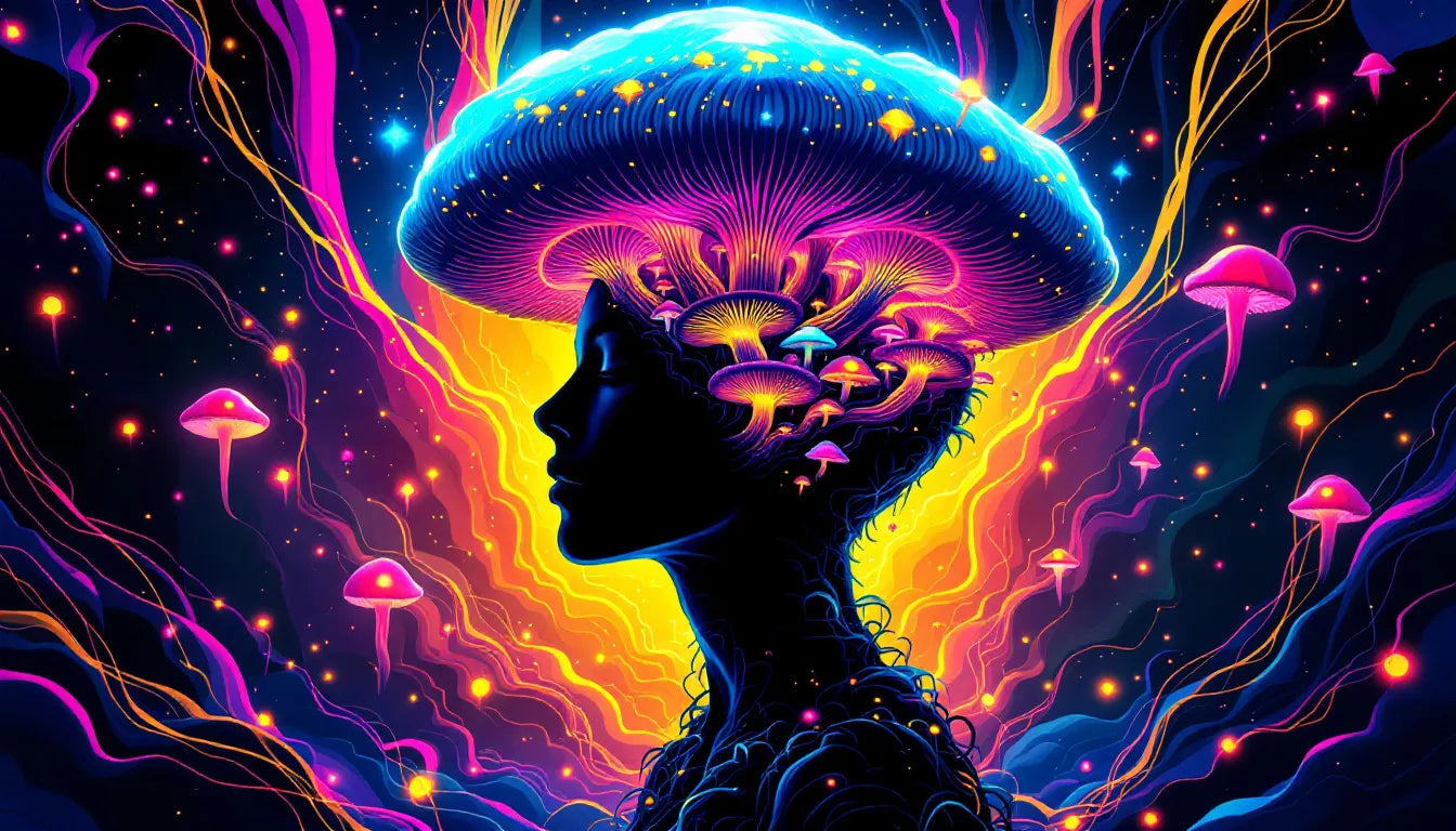 A surreal, psychedelic art depiction of a human silhouette with cosmic mushrooms growing from their head, symbolizing healing from religious trauma. Vibrant neon colors and swirling patterns convey enlightenment and self-liberation.