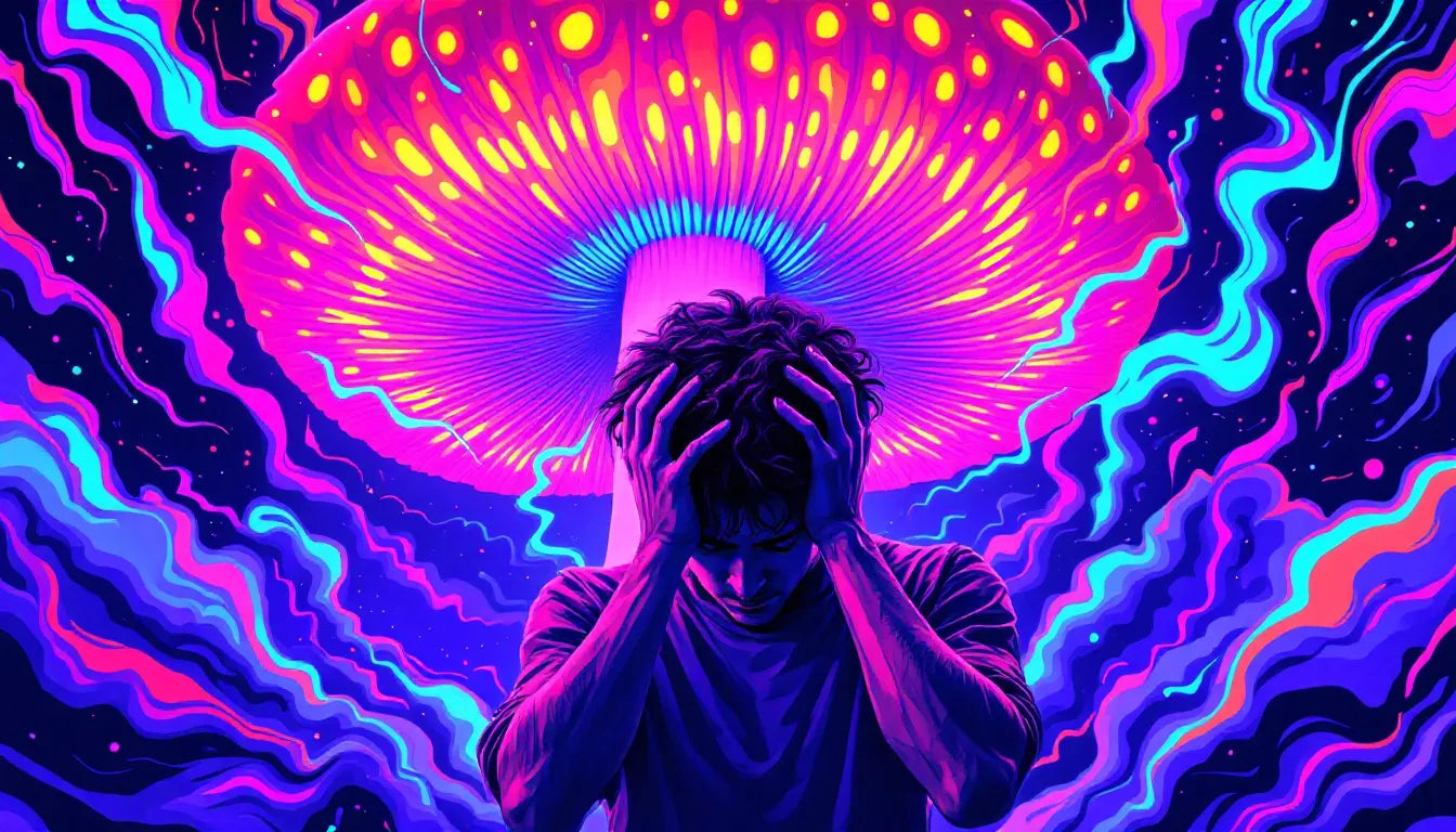 Psychedelic vector art of a distressed young person surrounded by swirling hallucinations, a giant magic mushroom, and a poison control dial pad, illustrating the dangers of psilocybin misuse after decriminalization.