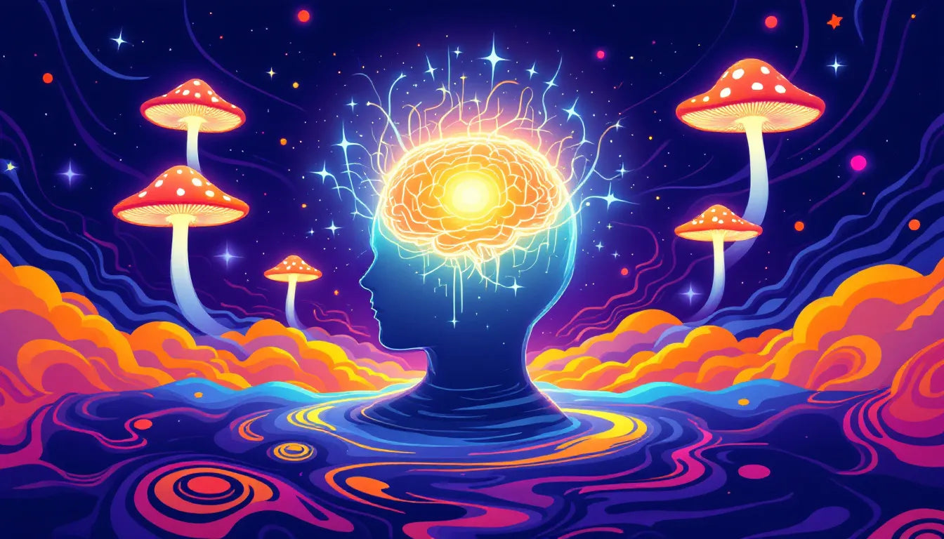 A vibrant psychedelic thumbnail featuring a glowing human brain surrounded by colorful surreal patterns and floating psilocybin mushrooms, symbolizing the potential mental health benefits of psychedelic therapy for cancer and addiction.