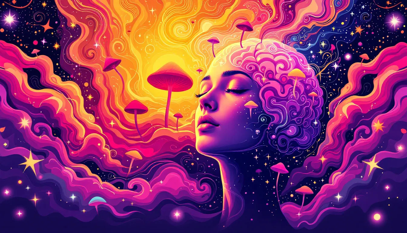 Psychedelic-inspired illustration of a glowing human brain, emotional awakening, and mushroom elements, symbolizing psilocybin's effect on empathy and depression treatment.