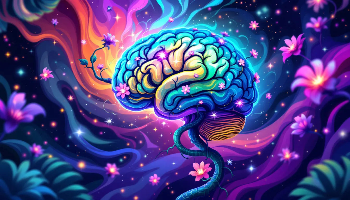 Psychedelic pop art illustration of a glowing brain surrounded by ayahuasca vines, symbolizing memory enhancement and cognitive effects.