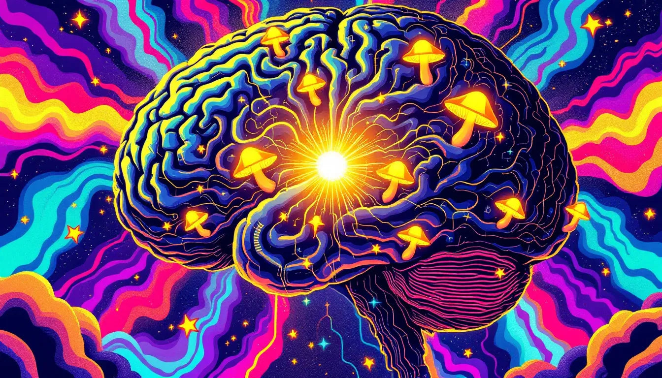 Psychedelic vector illustration of a glowing brain with neural connections, symbolizing psilocybin's effect on brain rewiring for depression treatment.