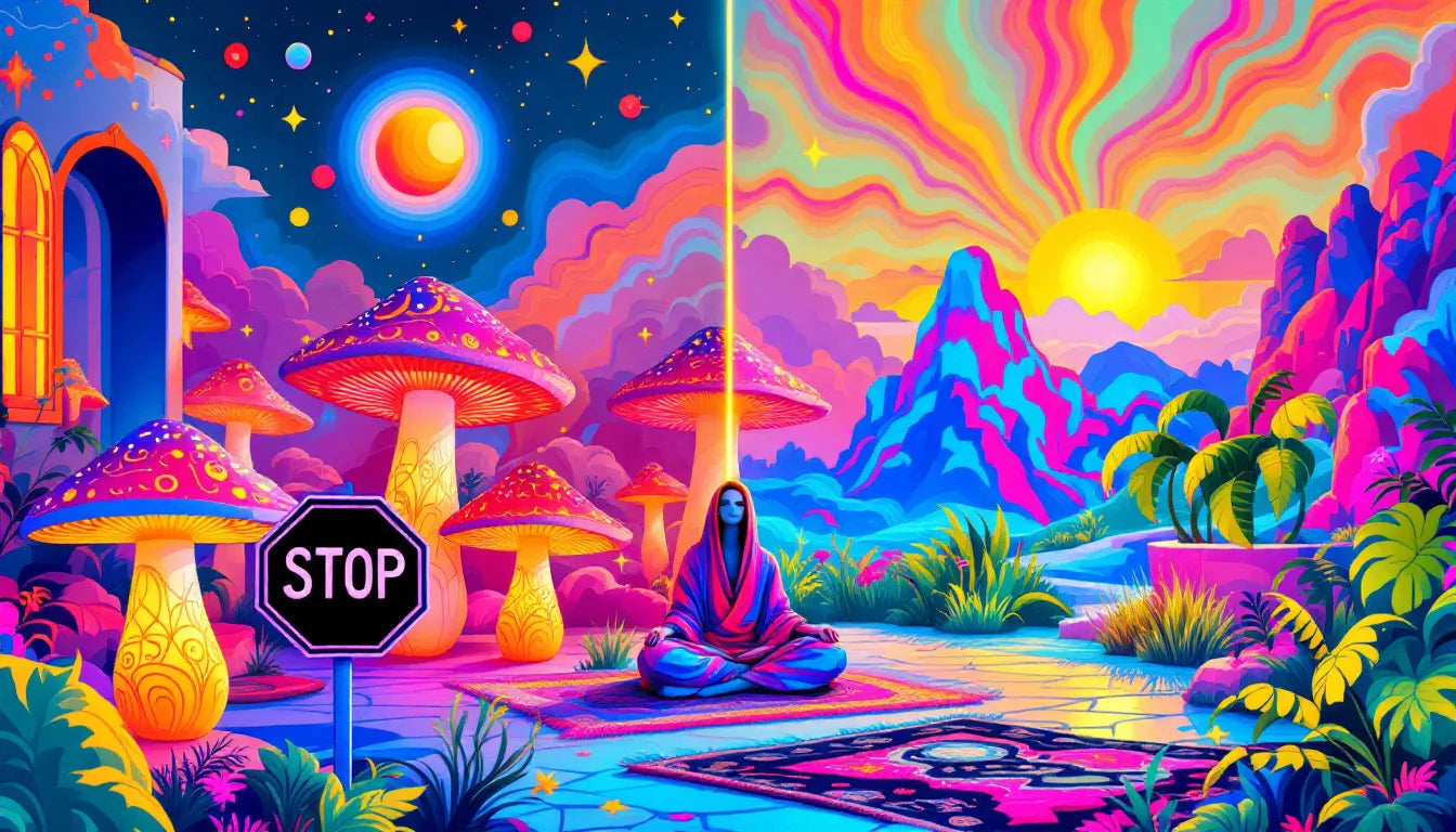 A vibrant psychedelic pop art illustration depicting the conflict over psilocybin therapy in Colorado, with a healing center on one side and legal barriers on the other.