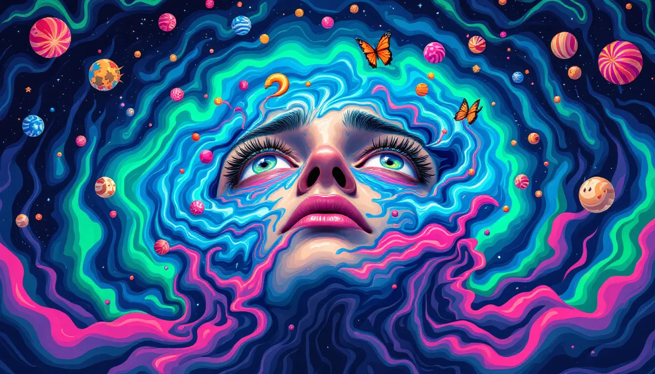 A surreal psychedelic illustration of a person experiencing guilt and self-reflection during a psilocybin trip, surrounded by neon shrooms and fragmented mirrors.