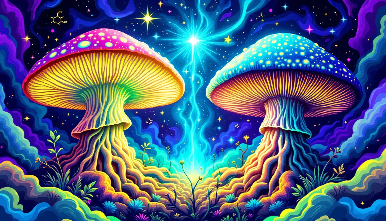 A vibrant pop-art style illustration of mycelium and fruiting body mushrooms facing off, symbolizing the debate over the best medicinal mushroom supplements.