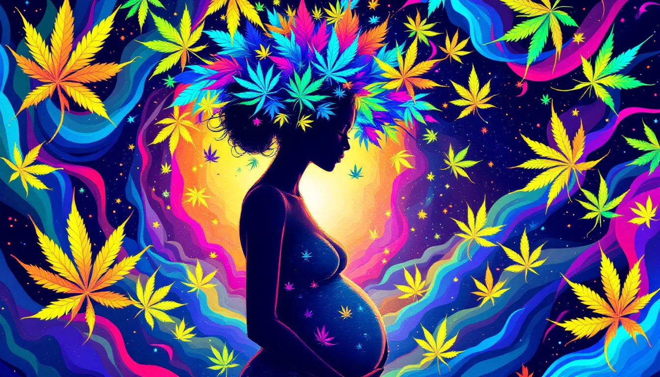 Psychedelic vector art of a pregnant woman with cannabis leaves and brain imagery, symbolizing prenatal cannabis effects on childhood development.