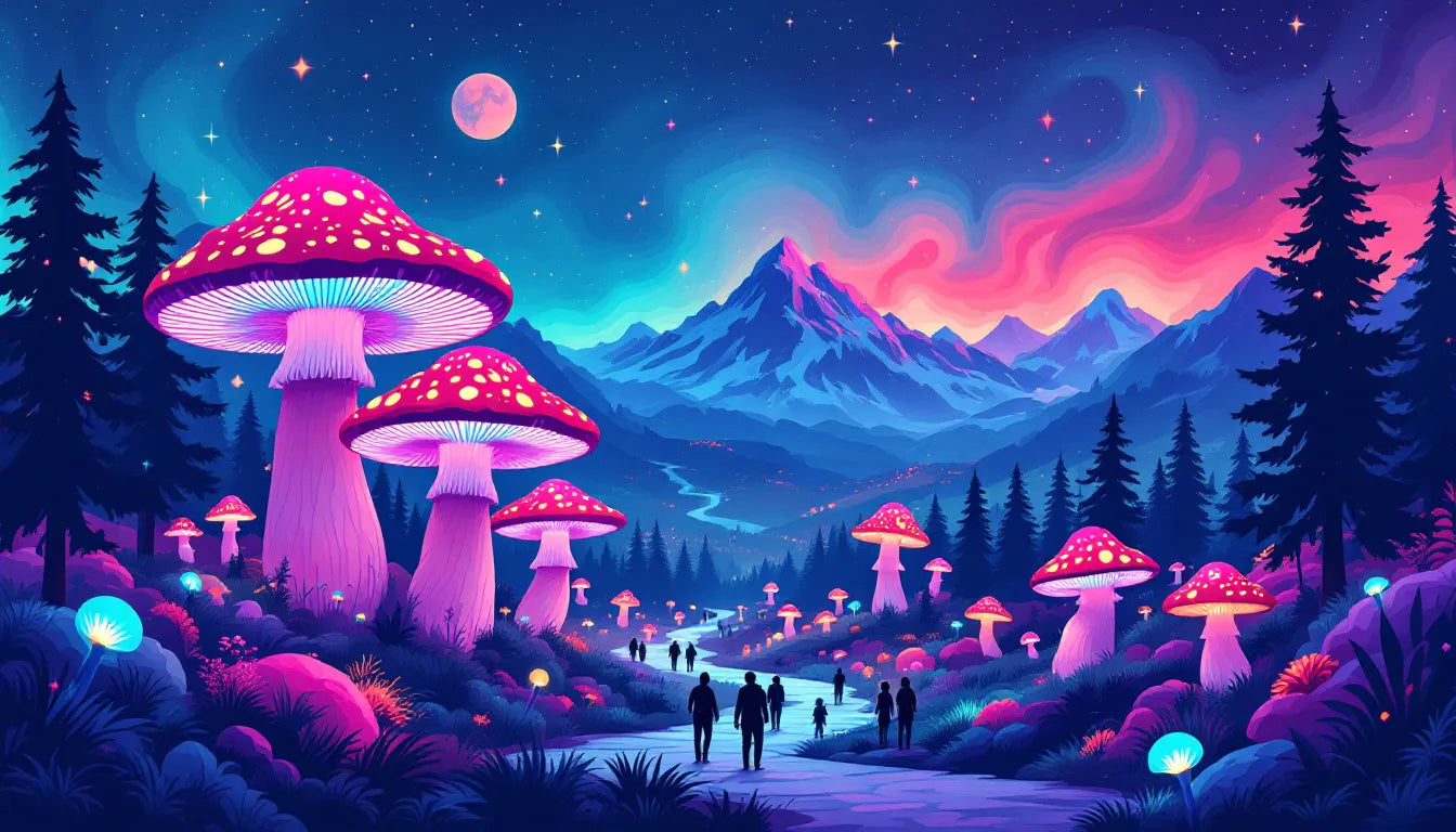 Colorful, psychedelic vector illustration of glowing mushrooms in a surreal forest landscape, representing the Telluride Mushroom Festival.