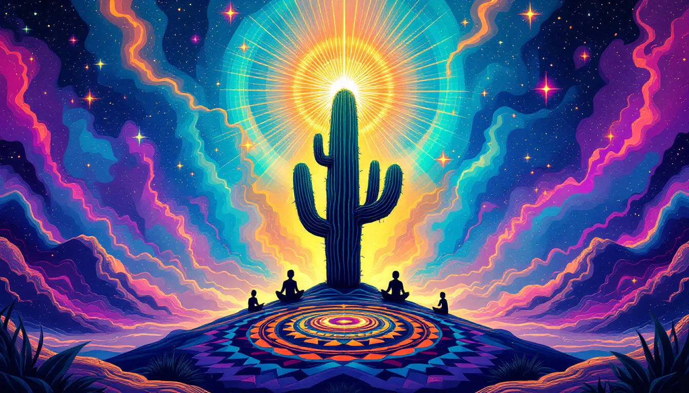 Vibrant psychedelic illustration of a glowing peyote cactus radiating energy waves, surrounded by meditating silhouettes, symbolizing mental health transformation and spiritual awakening.