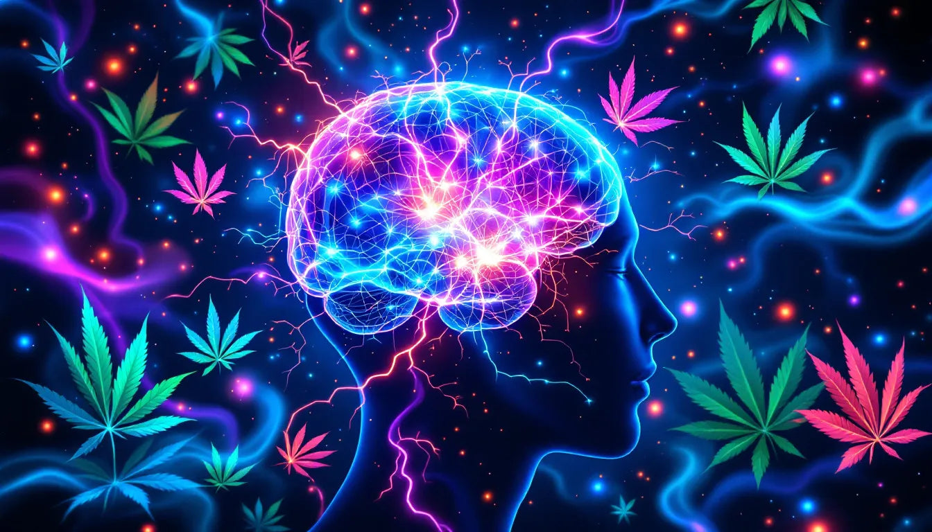 Vibrant psychedelic illustration of the brain with glowing neural connections, surrounded by swirling cannabis leaves, highlighting the effects of cannabis on brain plasticity and astrocytes.