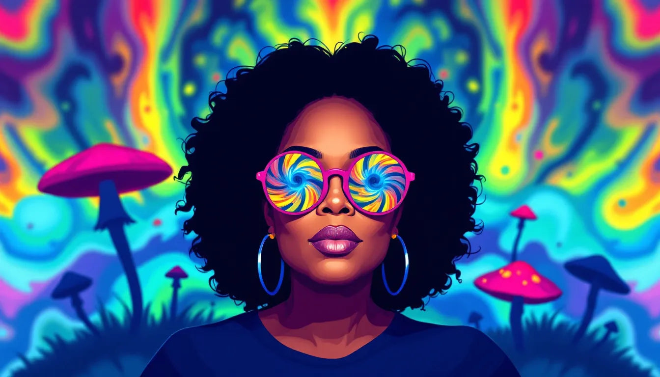 Oprah Winfrey wearing psychedelic-inspired glasses with swirling cosmic visuals, set against a trippy neon background with surreal mushroom silhouettes, symbolizing her impact on mainstreaming psychedelics.