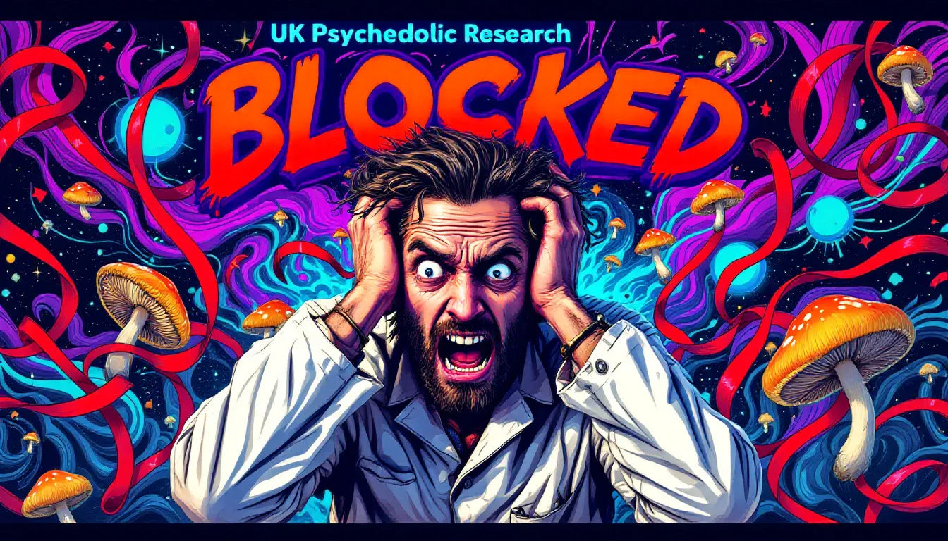 Frustrated UK scientist tangled in red tape, surrounded by psychedelic mushrooms and swirling neon patterns, symbolizing restrictions on psychedelic research.