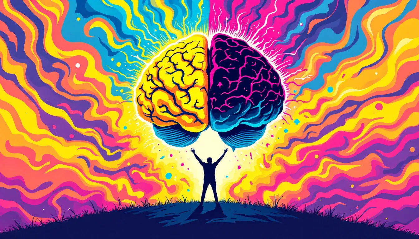 Psychedelic pop art-style illustration of a deteriorating brain affected by alcohol use disorder and Alzheimer's disease, showing neurodegeneration and inflammation.