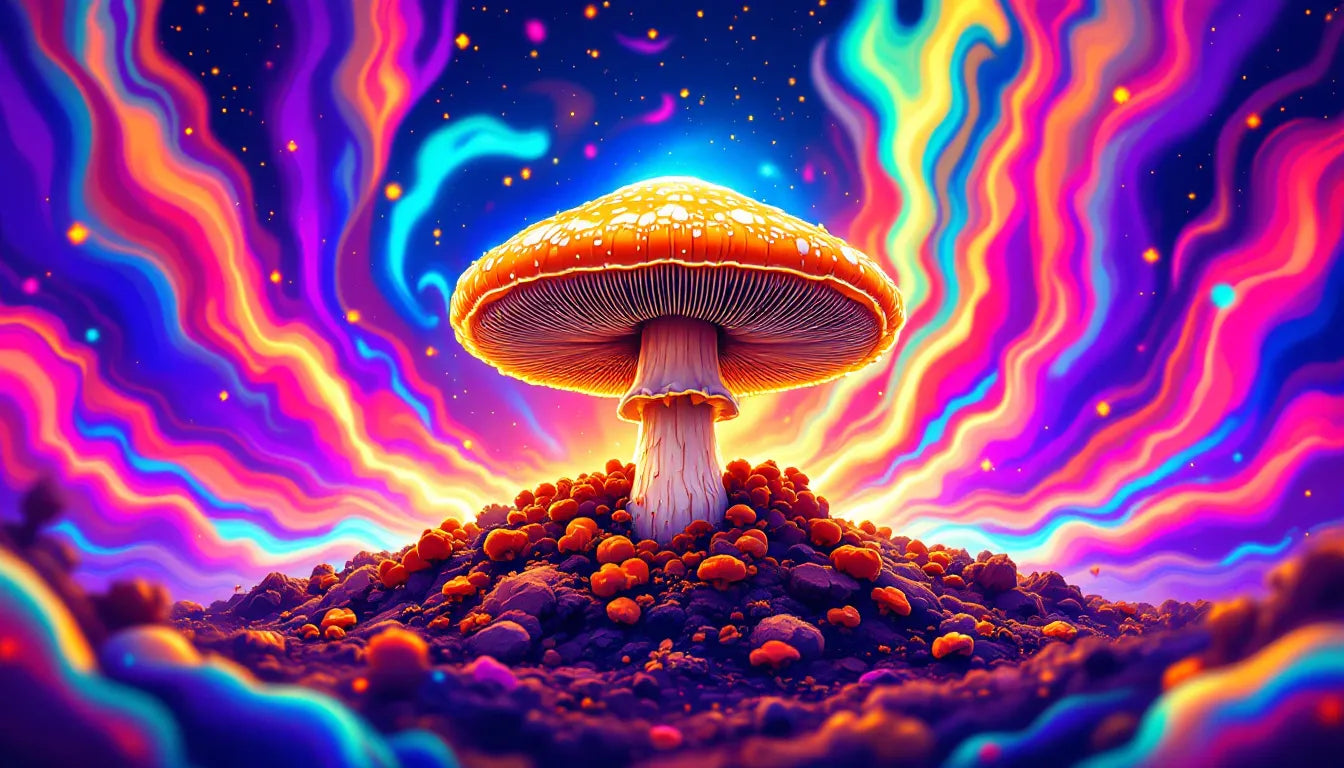 Psychedelic flat vector illustration of a Psilocybe mushroom growing from CVG substrate, featuring vivid colors and a trippy background, highlighting a guide on using CVG for mushroom cultivation.