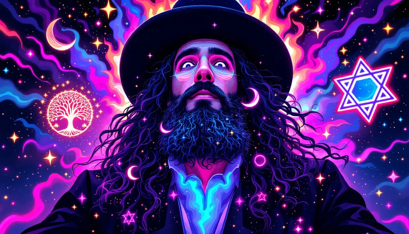 A vivid psychedelic pop art illustration of a Hasidic Jewish man experiencing spiritual awakening with neon swirling patterns, Kabbalistic symbols, and mystical Jewish imagery.