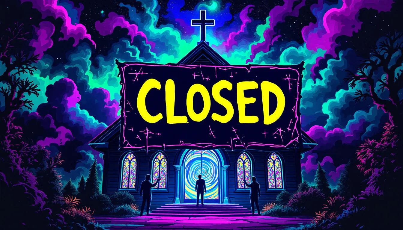 Trippy neon-styled digital illustration of a psychedelic church with a 'CLOSED' sign, surrounded by swirling vibrant colors and mysterious shadowy figures.