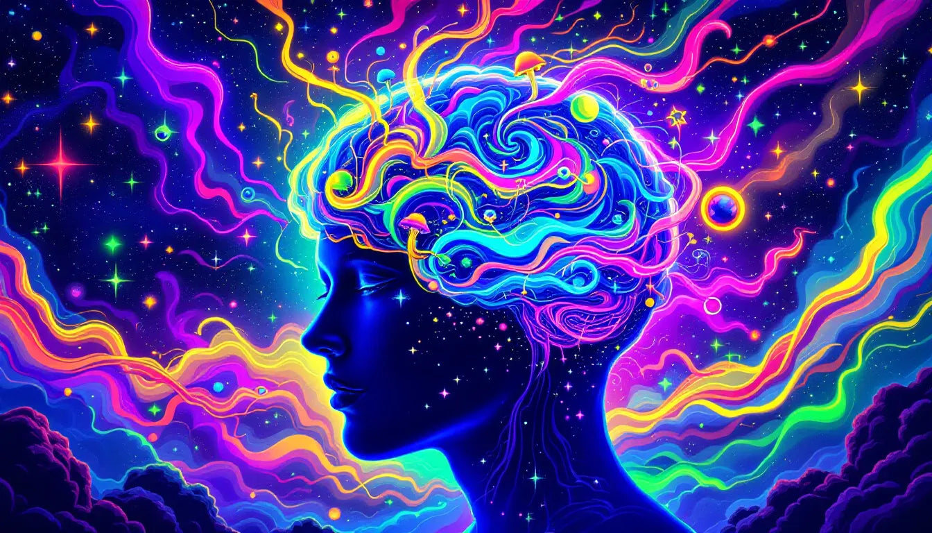 Vibrant psychedelic illustration of a glowing human brain surrounded by swirls, fractals, and magic mushrooms, symbolizing the effects of psychedelics on brain plasticity.